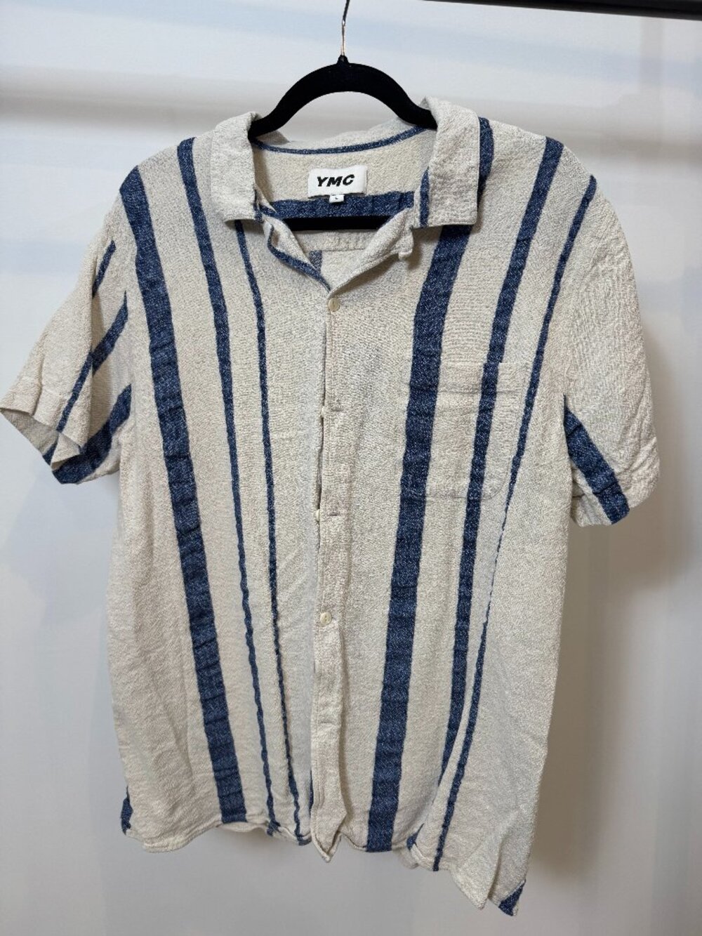YMC Cream Blue Textured Striped Short Sleeve Shirt